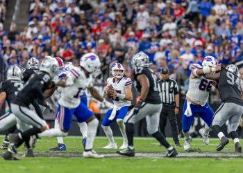 Buffalo Bills quarterback Josh Allen (17) drops back to pass against the Las Vegas Raiders during an NFL football game, Sunday, Oct. 18, 2026, in Las Vegas. (AP Photo/Jeff Lewis)
