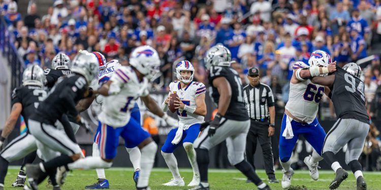 Buffalo Bills quarterback Josh Allen (17) drops back to pass against the Las Vegas Raiders during an NFL football game, Sunday, Oct. 18, 2026, in Las Vegas. (AP Photo/Jeff Lewis)