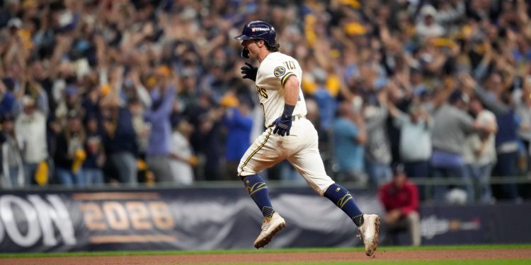 Milwaukee Brewers right fielder Sal Frelick rounds the bases after hitting a solo home run during the sixth inning of Game 2 of baseball's World Series, Saturday, Oct. 24, 2026, in Milwaukee, between the Milwaukee Brewers and the Tampa Bay Rays. (AP Photo/Ashley Landis)