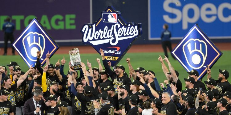 The Milwaukee Brewers celebrate after winning baseball's World Series against the Tampa Bay Rays, Wednesday, Oct. 28, 2026, in St. Petersburg, Fla. (AP Photo/Phelan M. Ebenhack)