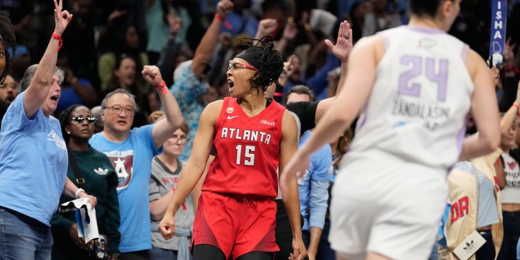 Atlanta Dream's Allisha Gray (15) reacts during the second half of Game 6 of the WNBA basketball finals against the Golden State Valkyries on Thursday, Oct. 29, 2026, in Atlanta. (AP Photo/Brynn Anderson)