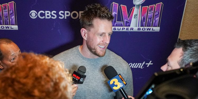 CBS Sports’ Super Bowl LVIII Media Day press conference on Tuesday, February 6, 2024 at the Mandalay Bay for Super Bowl LVIII. Pictured: J.J. Watt. Photo: Mary Kouw/CBS ©2024 CBS Broadcasting, Inc. All Rights Reserved