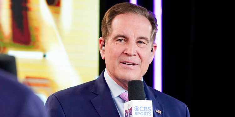 Super Bowl LVIII on Sunday, February 11, 2024, at Allegiant Stadium in Las Vegas, Nevada. Pictured: Jim Nantz. Photo: Mary Kouw/CBS ©2024 CBS Broadcasting, Inc. All Rights Reserved