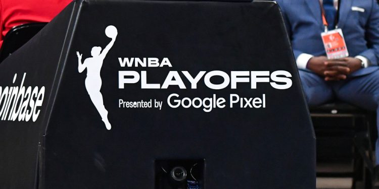 ATLANTA, GA - OCTOBER 04: A detailed view of the WNBA Playoffs logo during the WNBA second round playoff game between the New York Liberty and the Atlanta Dream on October 4th, 2026 at State Farm Arena in Atlanta, GA. (Photo by Rich von Biberstein/Icon Sportswire)